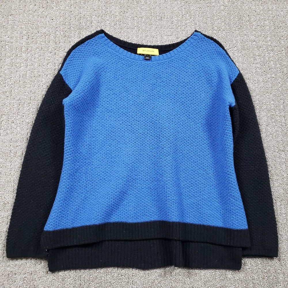 St. John Sweater Womens L Blue Black Yellow Label Wool Blend Chunky Pullover